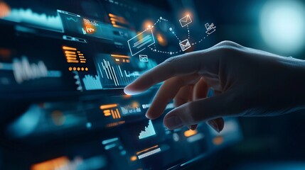 A close-up of a businessperson's hand adjusting investment portfolio charts on a digital interface, with icons representing economic policies and trends hovering above, signifying the assessment of
