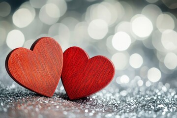Obraz premium Two Red Wooden Interlocking Hearts On Silver Glitter With Heart Shaped Bokeh Background - Valentine's Day / Marriage Concept with generative ai