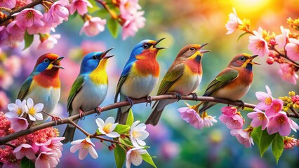 Vibrant blossoms sway to the rhythm of birdsong as beaks open wide, unleashing a joyful melody, amidst a kaleidoscope of colors, capturing nature's perfect harmony.