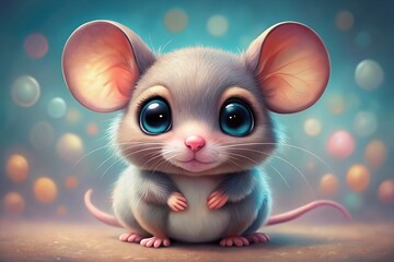 Whimsical illustration of a humorous mouse with big round eyes and adorable expression on soft pastel pink and blue background with ample copy space.