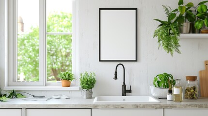 Fresh and Inspiring Kitchen Poster Mockup on White Wall with Garden View Close-up Decor Concept