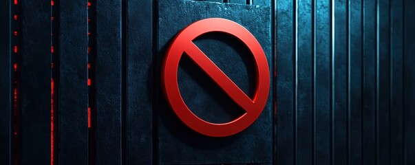 A bold red no entry sign displayed on a dark metallic surface, illuminated by blue and red lights, conveying restriction and caution.