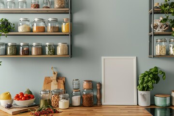 Serene Kitchen Scene with Open Shelves, Fresh Vegetables, and Blank Poster Mockup