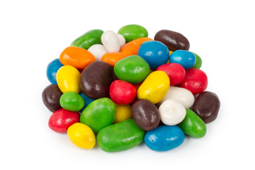 Pile of colorful candies dragee isolated on a white background. Round sweet candies.