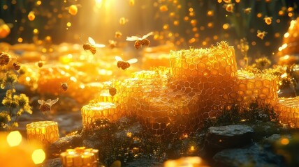 Obraz premium A surreal honey scene with floating honeycombs and imaginative colors, creating a whimsical and otherworldly atmosphere.