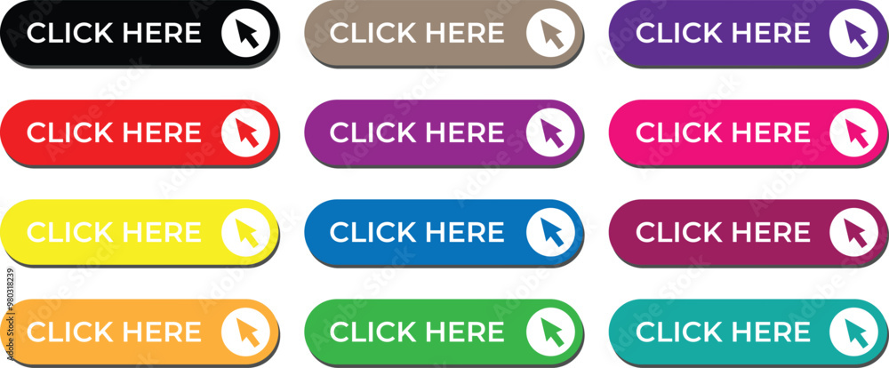 Fototapete set of different color click here button. arrow pointer button vector illustration.