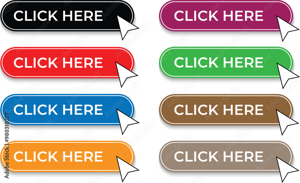 Aufkleber set of different color click here button art. arrow pointer button vector illustration.