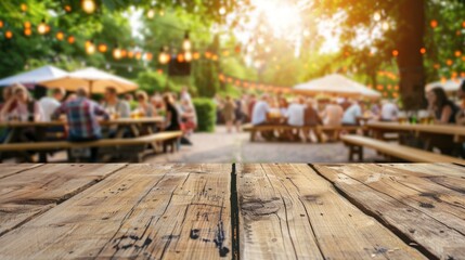 Wooden Table with Blurred Background of Party
