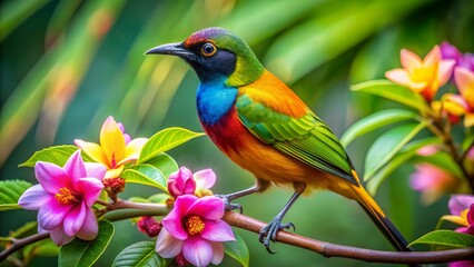 Fototapeta premium Vibrant tropical bird with bright plumage perches on a delicate flower-adorned branch, surrounded by lush green leaves and serene natural ambiance.