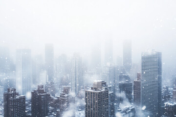 Fototapeta premium A snow-covered cityscape with skyscrapers peeking through the mist, blending urban life with the quietness of winter