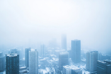 Fototapeta premium A snow-covered cityscape with skyscrapers peeking through the mist, blending urban life with the quietness of winter