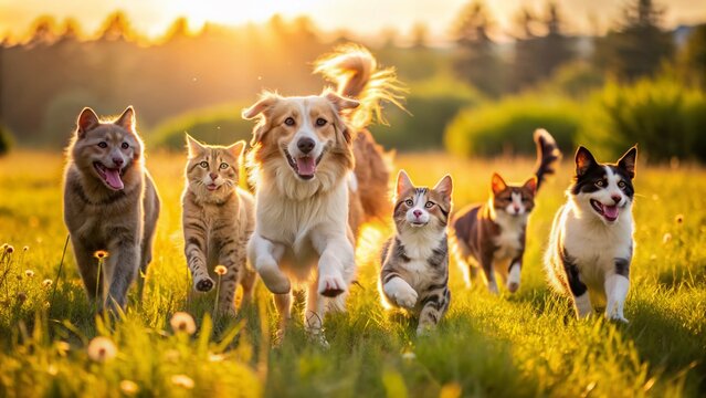 Joyful dogs and cats freely run and play together in a sun-kissed field, their energetic movements and happy expressions capturing pure friendship and outdoor bliss.