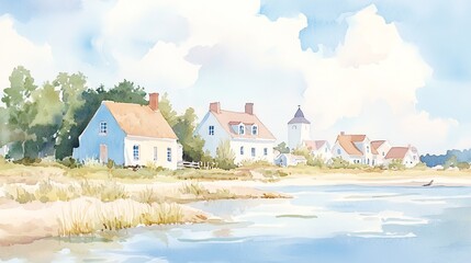 A coastal town with brightly colored houses, bathed in soft golden light as the sun sets, watercolor texture emphasizes the peaceful and nostalgic mood,