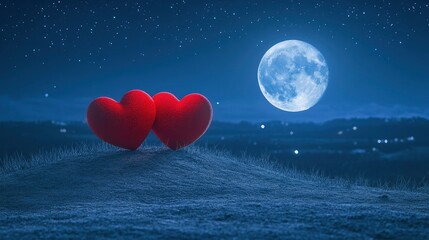Obraz premium Two Soft Hearts In Front Of Full Moon On Hill With Starry Sky Background - Valentine's Day Concept with generative ai