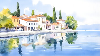 Obraz premium Coastal village bathed in morning mist, with pastel-colored houses reflecting on calm waters, the horizon fading into the sea, watercolor and oil mix