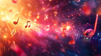 Abstract 2D background with music symbols, treble clefs, and instruments creating a dynamic classroom environment, hyper-real, sharp images, high quality