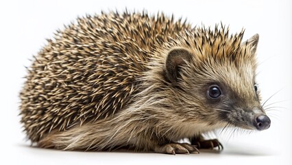 Obraz premium Isolated illustration of a common European hedgehog, a small, spiny mammal, with curled body and pointed snout, on a clean white background.