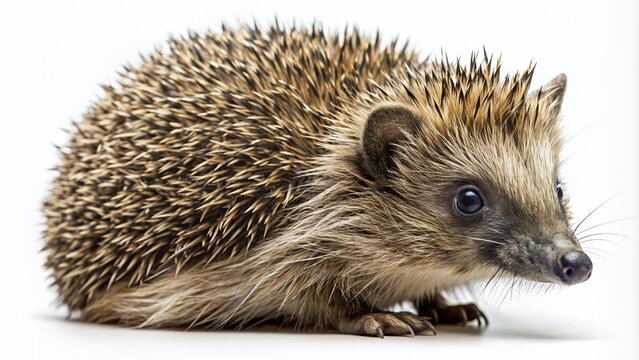 Isolated illustration of a common European hedgehog, a small, spiny mammal, with curled body and pointed snout, on a clean white background.
