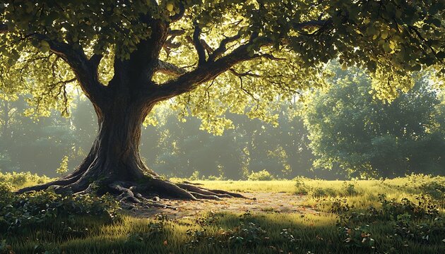 A majestic oak tree stands tall in a sun-drenched forest clearing, its gnarled roots reaching out like welcoming arms.