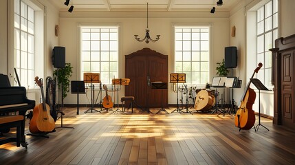 2D background of a traditional music class with wooden floors, music stands, and various instruments displayed, hyper-realistic, sharp images, high quality