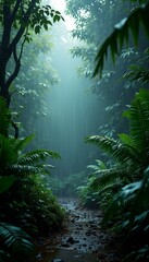 Serene Rainfall Over Lush Green Jungle Pathway Phone Wallpaper