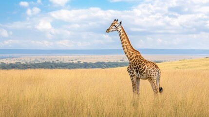 Obraz premium Majestic Giraffe Standing Tall in Serene African Savanna Landscape