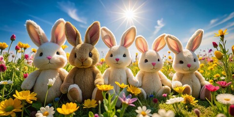 Adorable stuffed bunny rabbits sit amidst a vibrant colorful field of blooming flowers against a serene clear blue sky on a warm sunny day.
