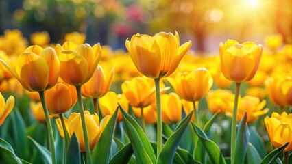 Obraz premium Yellow tulips blooming in a vibrant flowerbed, tulips, yellow, flowers, spring, garden, nature, blooming, vibrant, colorful, petals