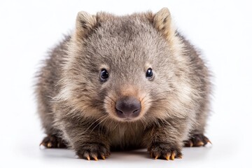 Obraz premium Adorable wild wombat with soft fluffy fur and endearing expression, showcasing unique features, isolated on a clean white background for maximum visibility.