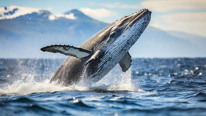 Fototapeta premium Humpback whale jumps out of the ocean. 