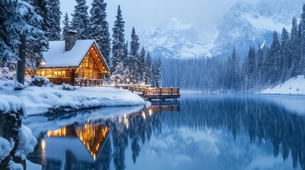 Fototapeta premium Beautiful winter landscape with snow covered mountains, lake and wooden house.