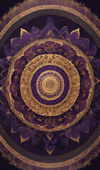 An intricate mandala design in shades of gold and deep purple, radiating outward in a circular pattern, perfect for a calming and spiritual mobile wallpaper