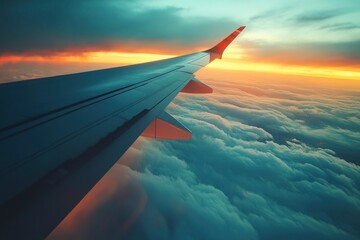 View from windows airplane, wing of jet plane prepare for landing to airport with generative ai