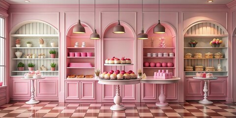 Whimsical retro pink patisserie shop with funky decor and French pastries, retro, funky, pink, French, pastry, shop, whimsical