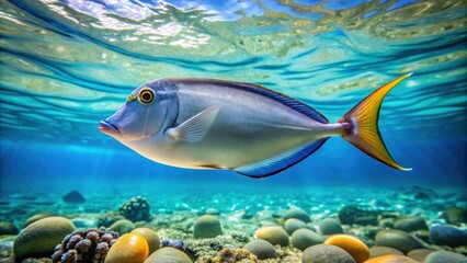 Fototapeta premium Bluespine unicornfish swimming in crystal clear ocean waters, marine life, underwater, aquatic, colorful
