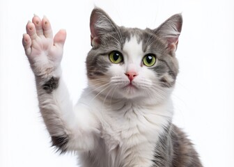 Adorable grey and white cat gives a triumphant high five with its paw, isolated on a clean white background, looking playful and celebratory.