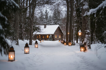 A snowy pathway lined with lanterns leading to a rustic cabin, creating a cozy and inviting winter scene