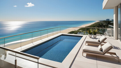 Fototapeta premium Balcony with pool and sea view Generative AI