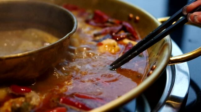 Using chopsticks eating hot pot putting sliced beef meat lamb mutton roll into boiling spicy yuan yang hotpot video