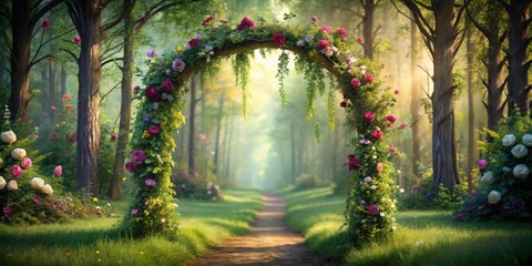 Fototapeta premium Enchanting floral archway in a lush forest setting, perfect for fairy-tale themed designs, Fairy tale, Archway