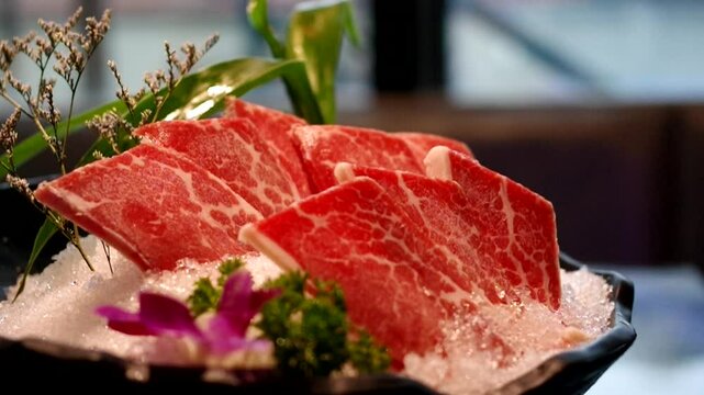 raw marbled beef slices lamb mutton on ice for shabu shabu hot pot bbq