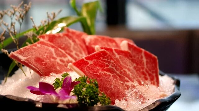 raw sliced marbled beef lamb mutton for shabu shabu hotpot on ice