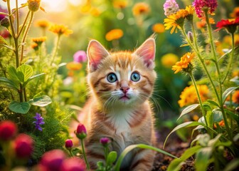 Vibrant garden backdrop sets off adorable orange tabby kitten's curious expression, mouth agape, amidst lush greenery and colorful flowers in a whimsical summer scene.