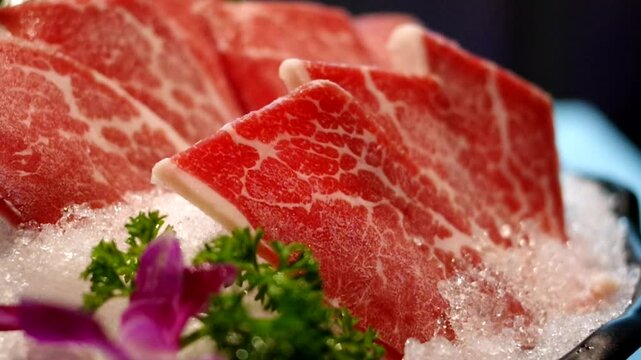 raw marbled beef slices lamb mutton on ice for shabu shabu hotpot bbq
