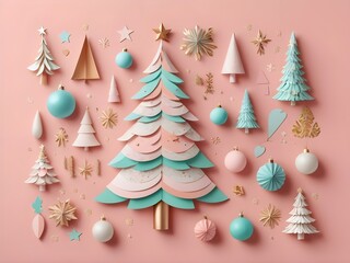 abstract pastel Christmas tree and various decorative elements on pastel pink background. Minimal New Year concept. Flat lay.