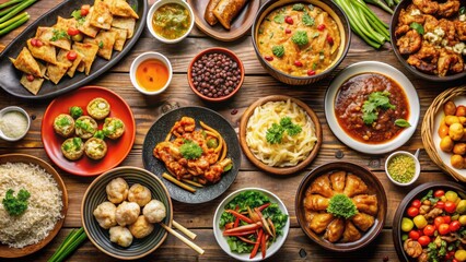 Stunning image of a variety of delicious pan-Asian cuisine dishes in a Chinese restaurant setting, Pan-Asian, Chinese, cuisine