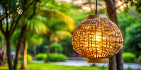 Fototapeta premium Lampion lamp hanging from woven bamboo in public park, Lampion, lamp, bamboo, tree, public park, hanging, decorative