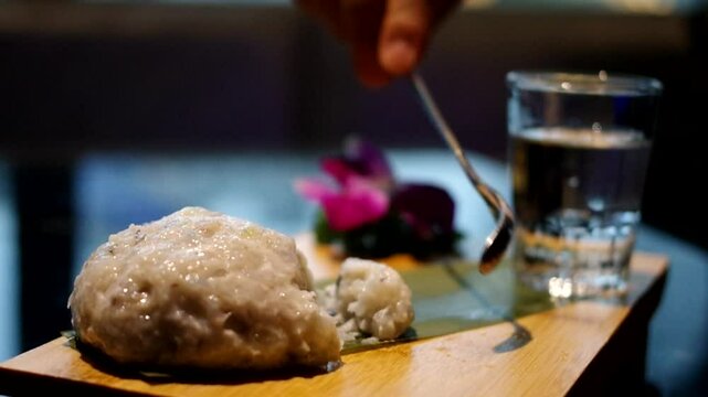 Making fresh fishball raw smashed prawn paste crab ball for hot pot on bamboo plate video