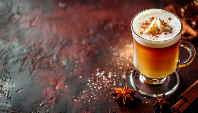 Warm Boozy Hot Buttered Rum with Cinnamon. Hot rum with butter.  Hot buttered rum  trendy winter dessert on dark red background, with copy space. For menu, recipe. 