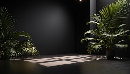 Fototapeta premium Dark minimalist room with plants and shadows 31